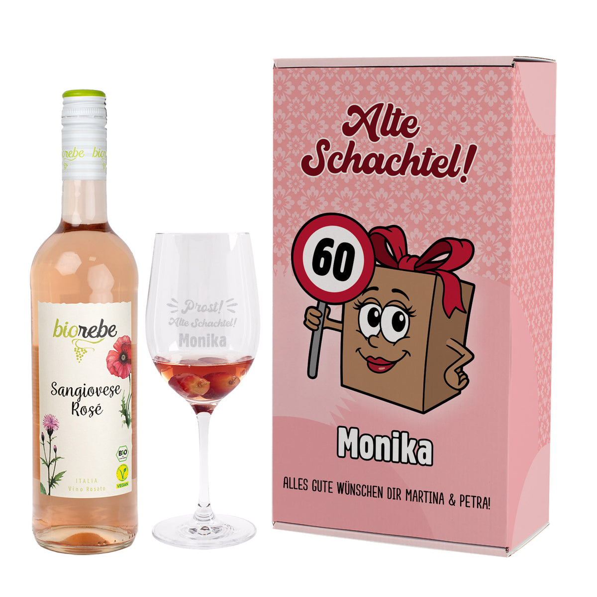 Personalisiertes Bio Wein Geschenkset mit Sangiovese Rosé, graviertem Leonardo Weinglas und Geschenkbox