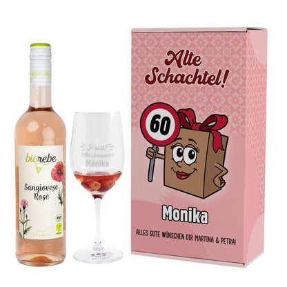 Personalisiertes Bio Wein Geschenkset mit Sangiovese Rosé, graviertem Leonardo Weinglas und Geschenkbox