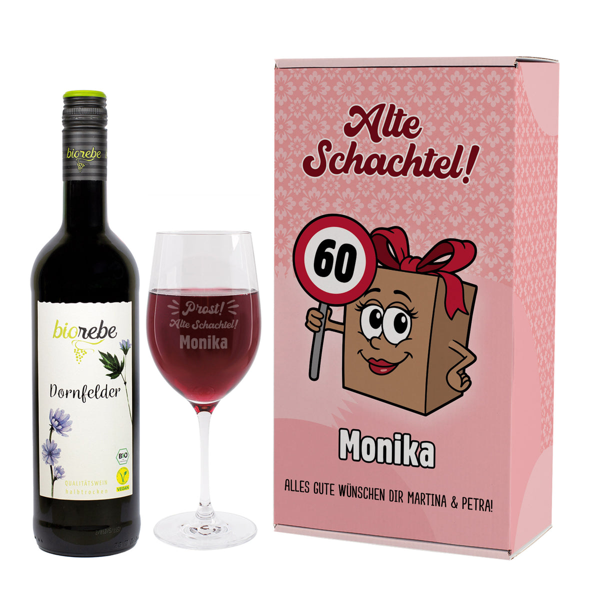 Personalisiertes Bio Wein Geschenkset mit Dornfelder Rotwein, graviertem Leonardo Weinglas und Geschenkbox