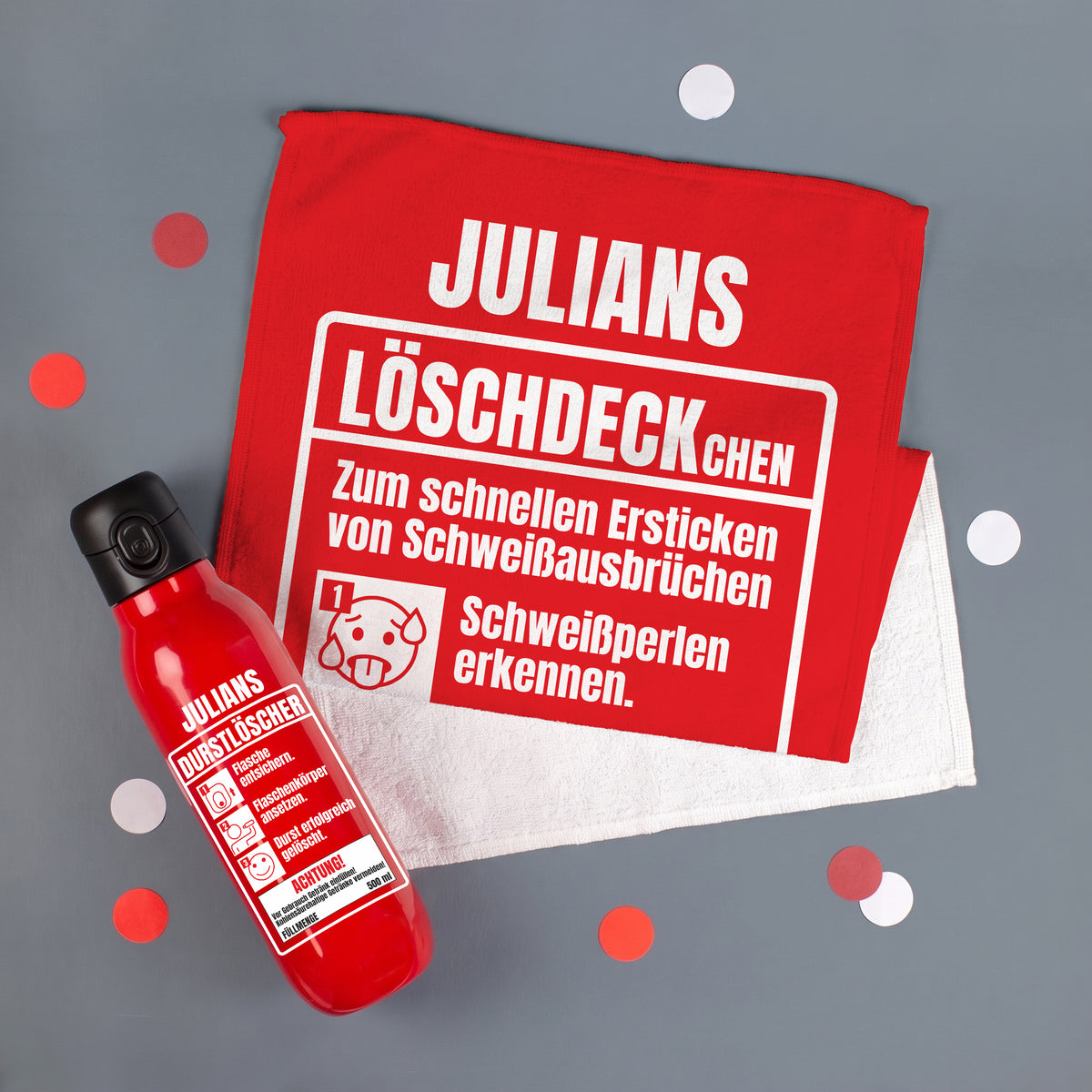Personalisiertes Feuerwehr Geschenkset mit roter Trinkflasche „Julians Durstlöscher“ und rotem Handtuch „Julians Löschdeckchen“