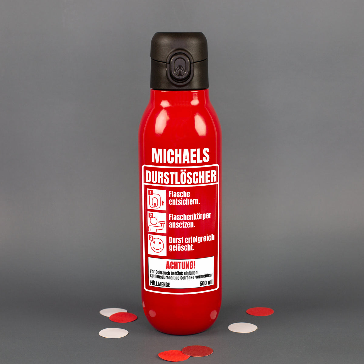Rote Edelstahl-Trinkflasche mit personalisiertem Aufdruck „Michaels Durstlöscher“, 500 ml und schwarzem Klickverschluss