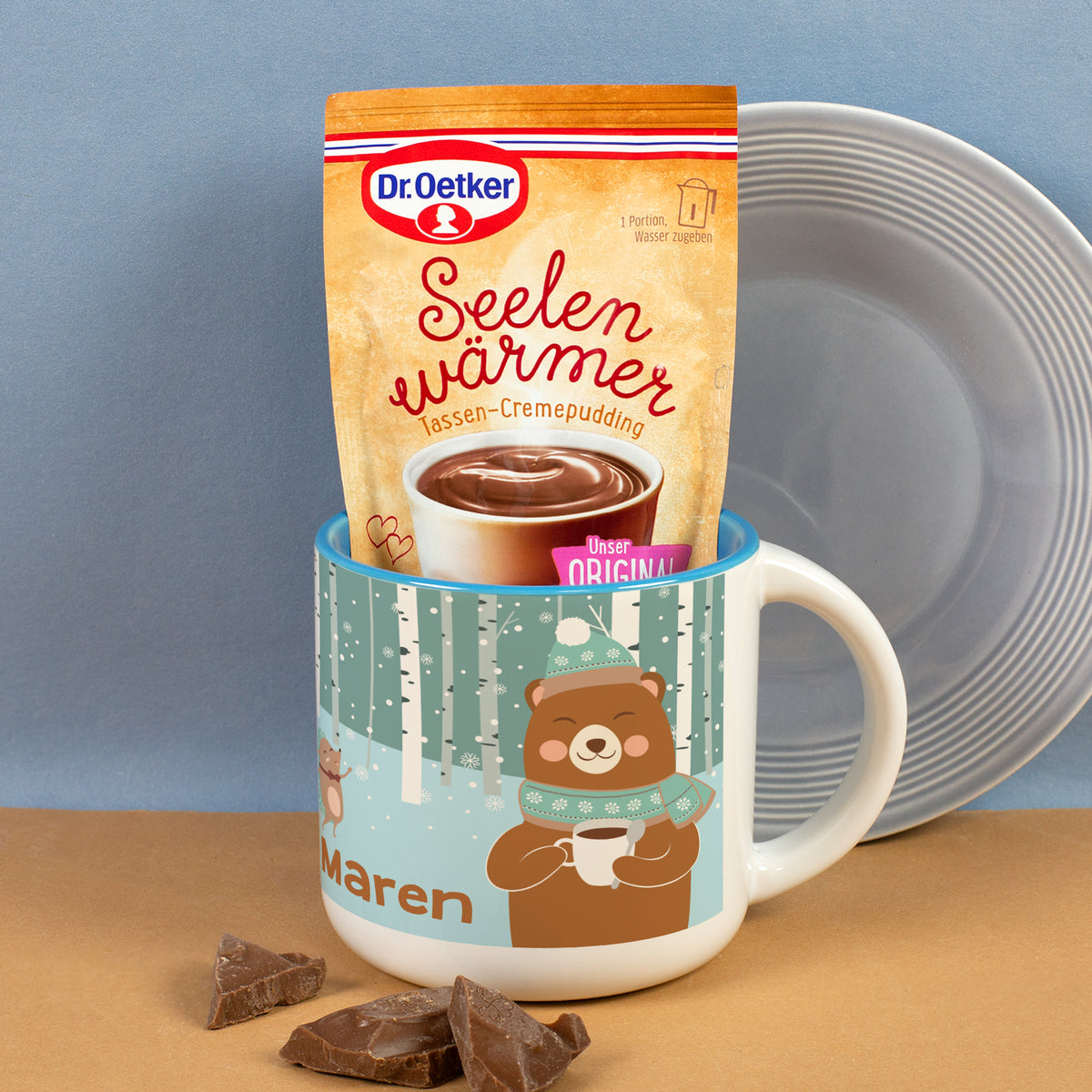 Kinder Geschenk Set mit Name, Wintermotiv Bär und Schokolade Tassenpudding
