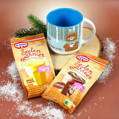 Personalisierte Tasse für Kinder mit Bär und Igel sowie Seelenwärmer Tassenpudding