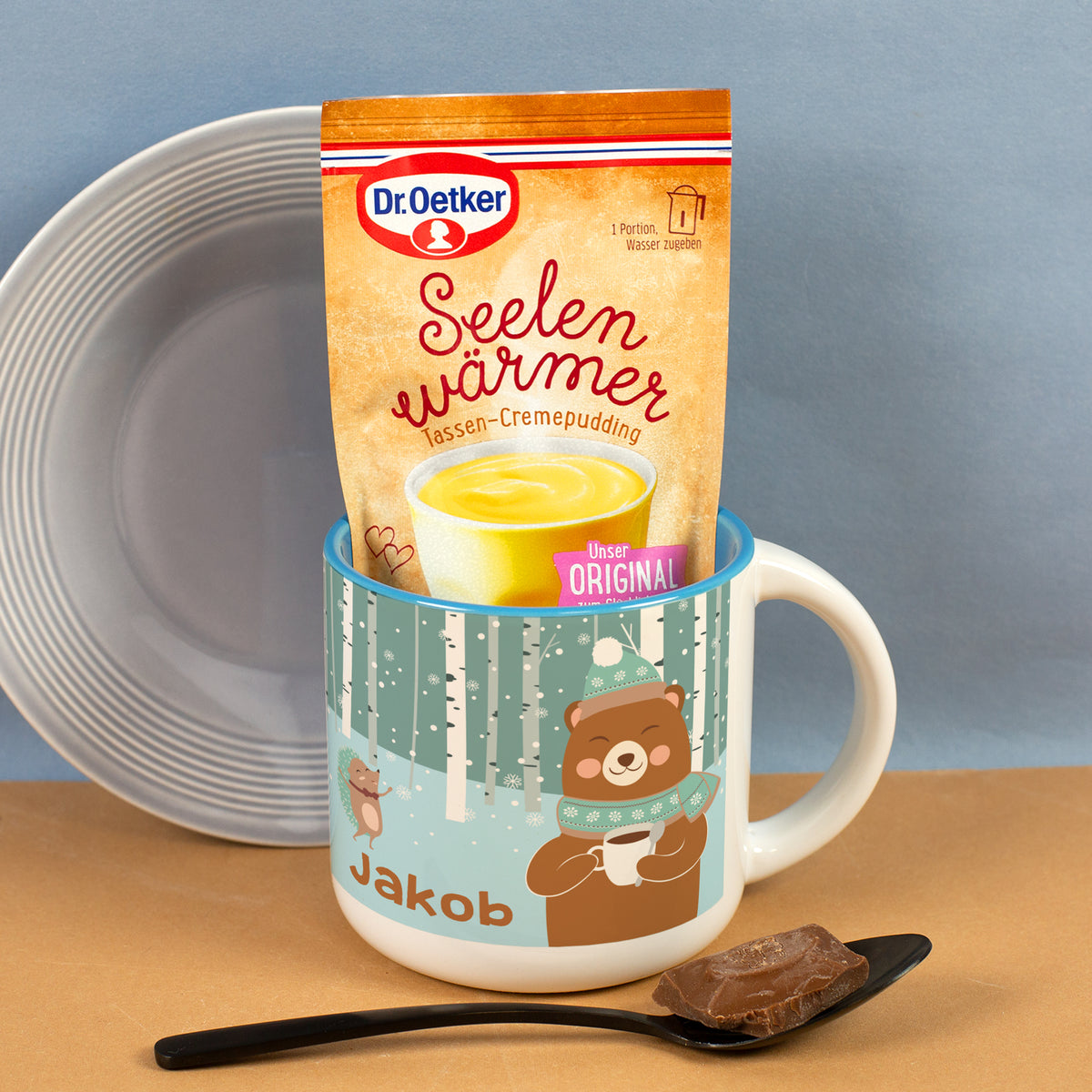 Weihnachtsgeschenk für Kinder mit personalisierter Bär Tasse und Vanille Tassenpudding