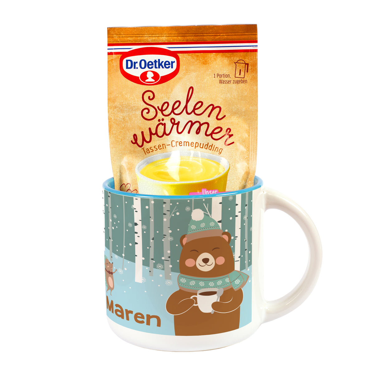 1. Personalisierte Kinder Tasse mit Bärmotiv und Vanille Tassenpudding zu Weihnachten