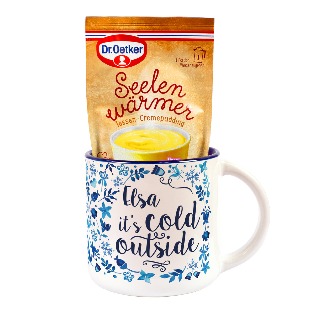 Weiße Tasse mit dunkelblauer Innenseite, Name Elsa und Tassenpudding Vanille