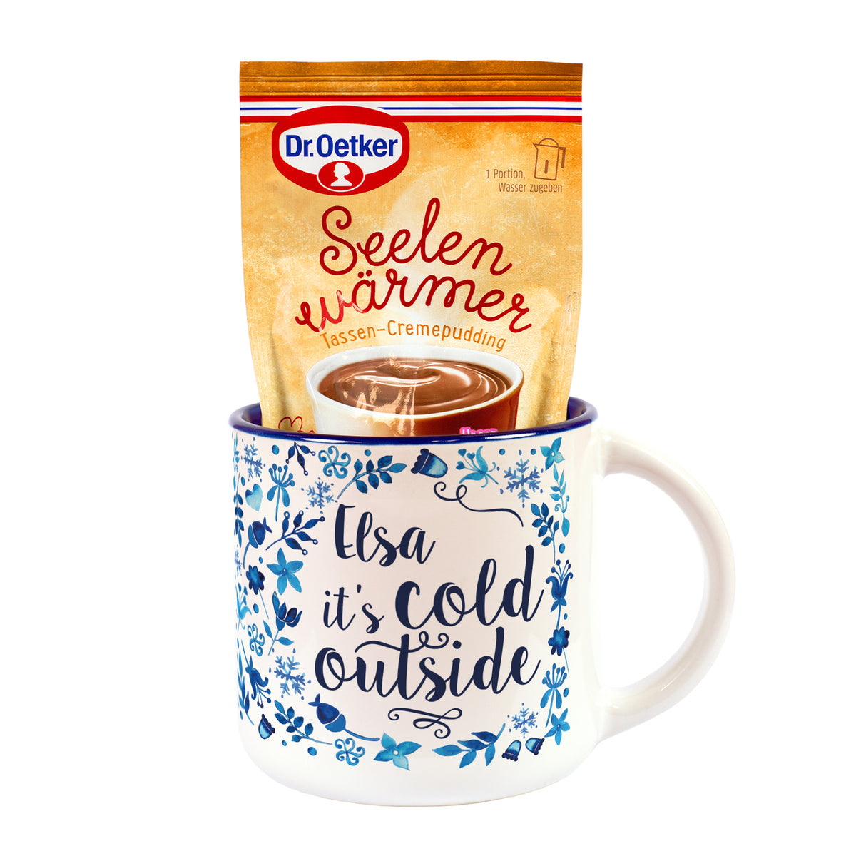 Personalisierte Wintertasse „it's cold outside“ mit Name Elsa und Schokoladen Tassenpudding