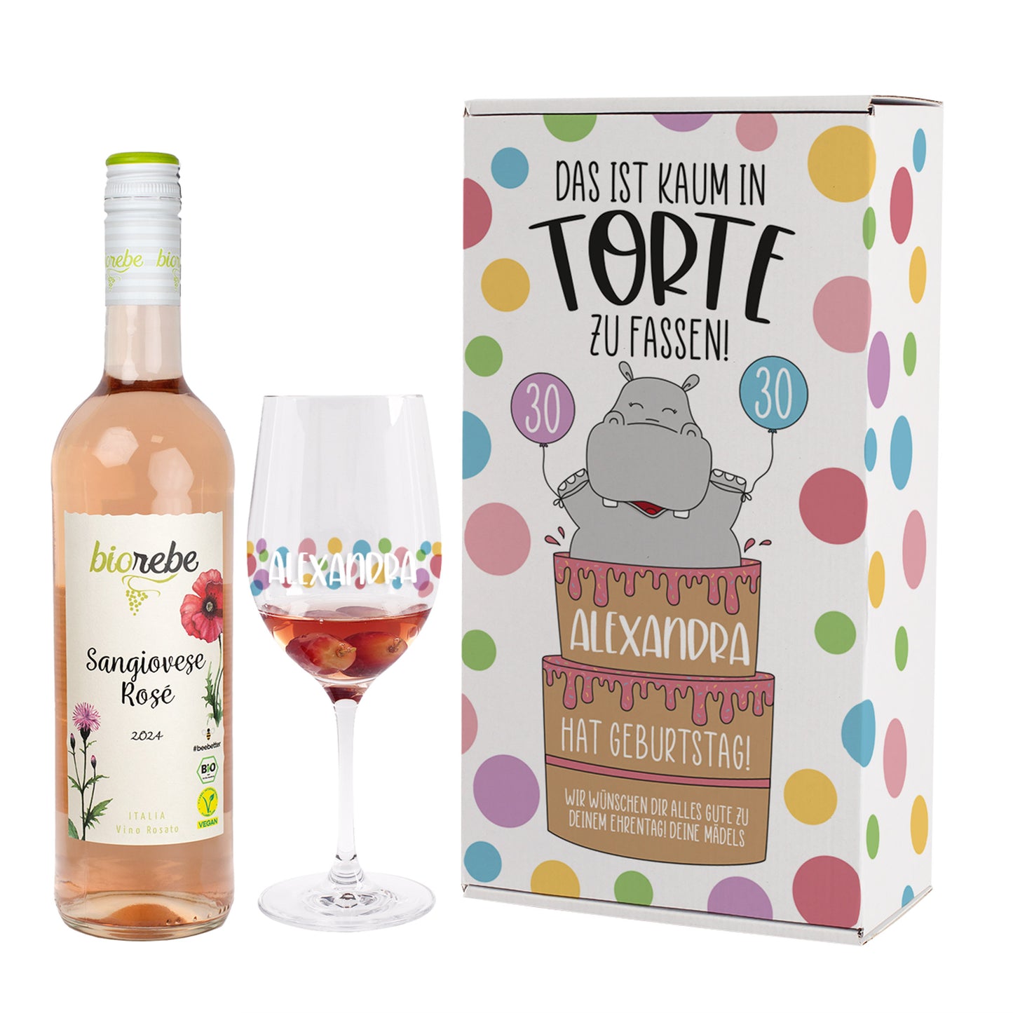 Geschenkset mit Biorebe Sangiovese Rosé, personalisiertem Weinglas und bunter Geburtstagstorte-Geschenkbox