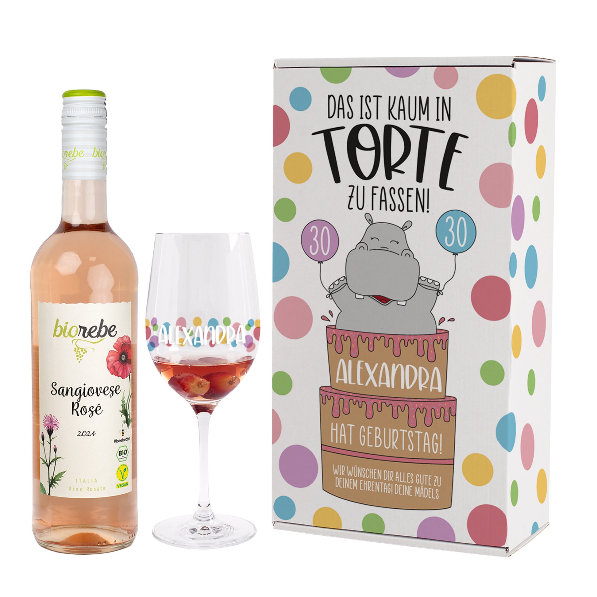 Geschenkset mit Biorebe Sangiovese Rosé, personalisiertem Weinglas und bunter Geburtstagstorte-Geschenkbox