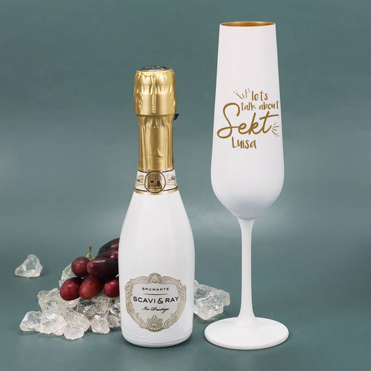 Sektglas in Weiß-Gold mit Gravur und kleiner Scavi & Ray Sektflasche