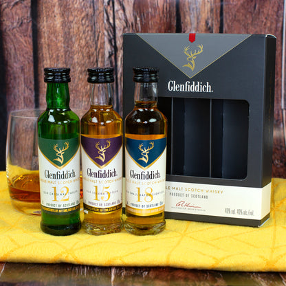 Glenfiddich Whisky Tasting Set mit drei Miniaturflaschen 12, 15 und 18 Jahre in Geschenkverpackung