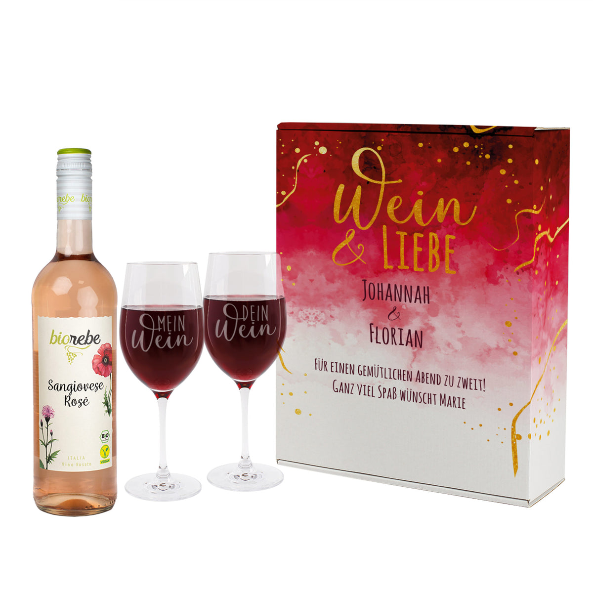 Liebe und Wein - Wein Geschenk Set mit zwei gravierten Weingläsern und Biorebe Wein