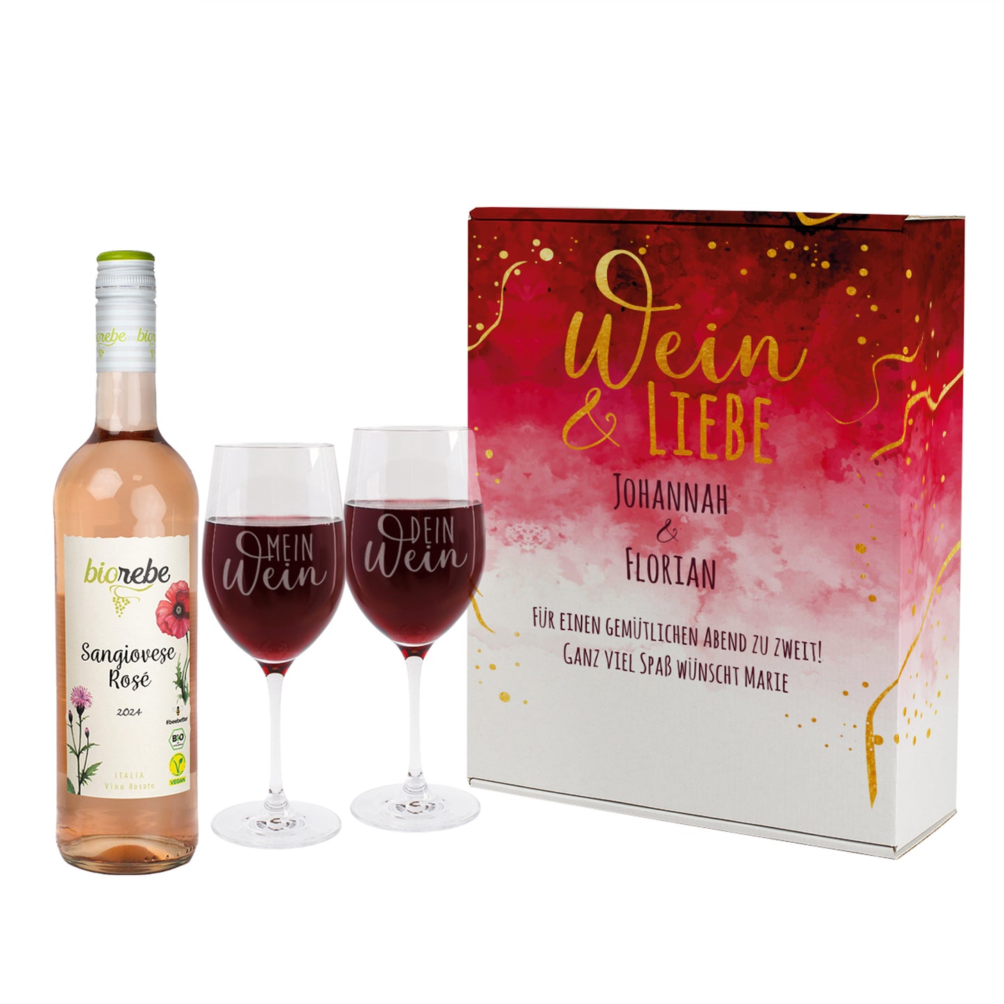 Geschenkset Wein & Liebe mit Biorebe Sangiovese Rosé, zwei gravierten Gläsern und personalisierter Pappbox