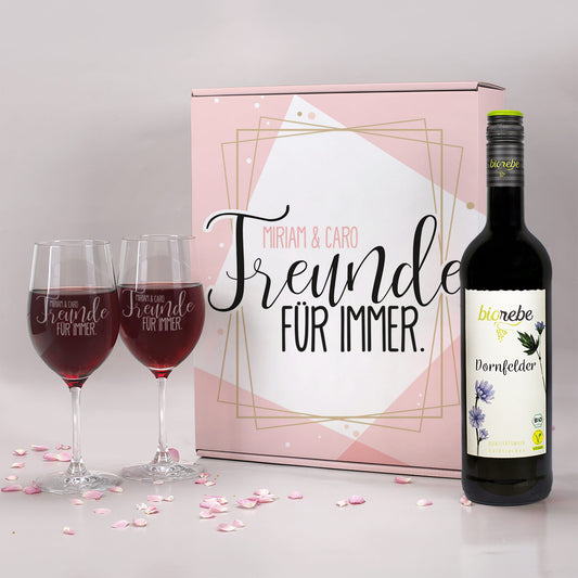 Geschenkset "Freunde für immer" in personalisierter Geschenkbox mit Biorebe Wein und Gläsern