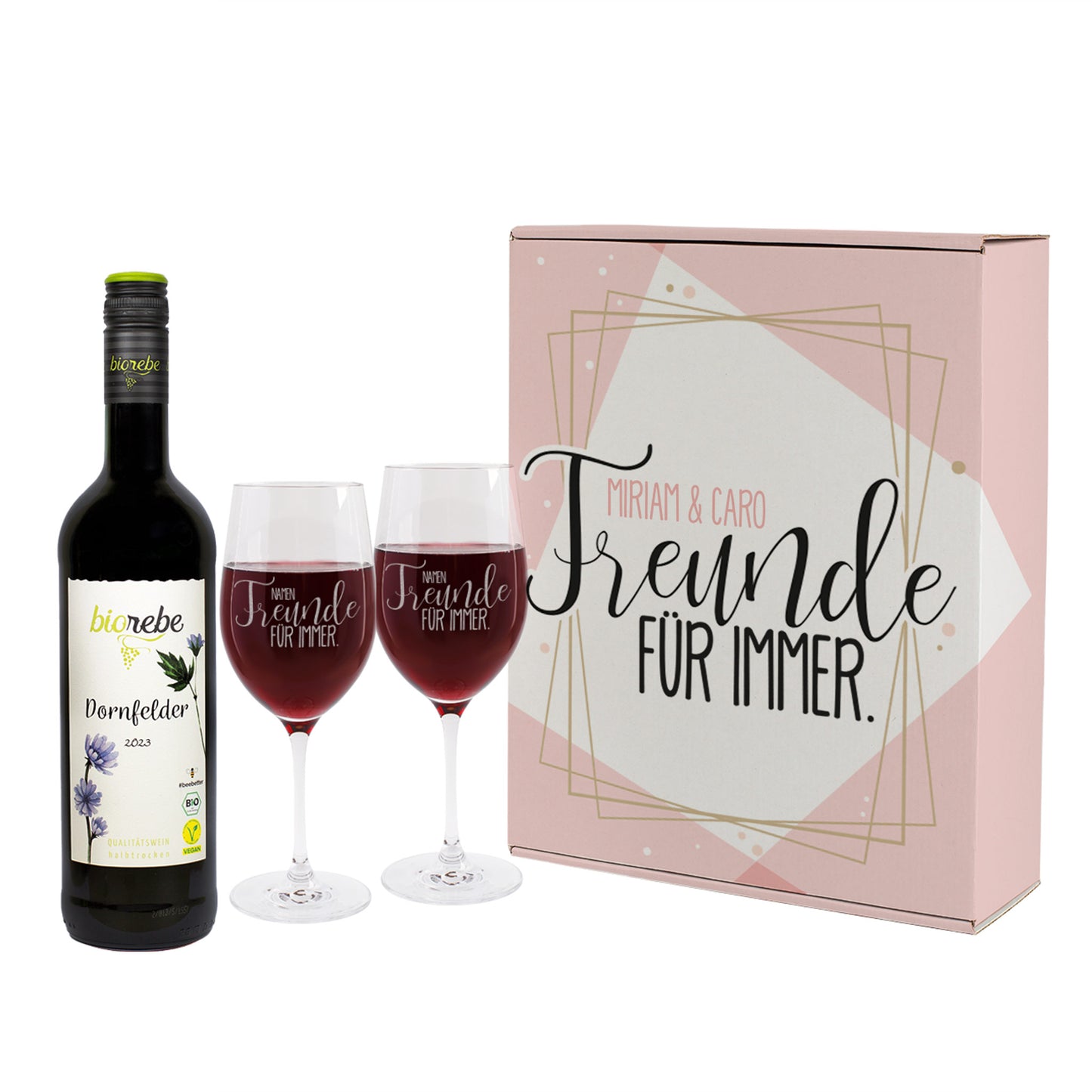 Geschenkset mit Biorebe Dornfelder Rotwein 2023, zwei gravierten Weingläsern „Freunde für immer“ und rosa Geschenkbox mit Namen Miriam & Caro