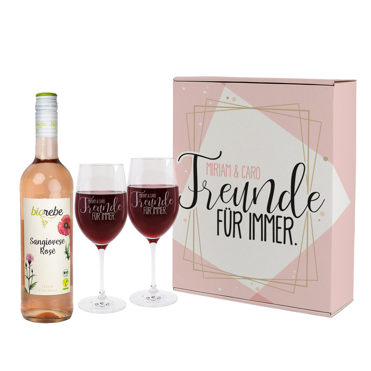 Geschenkset "Freunde für immer" in personalisierter Geschenkbox mit Biorebe Wein und Gläsern