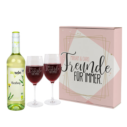 Geschenkset "Freunde für immer" in personalisierter Geschenkbox mit Biorebe Wein und Gläsern
