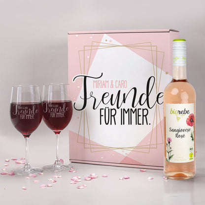 Geschenkset "Freunde für immer" in personalisierter Geschenkbox mit Biorebe Wein und Gläsern
