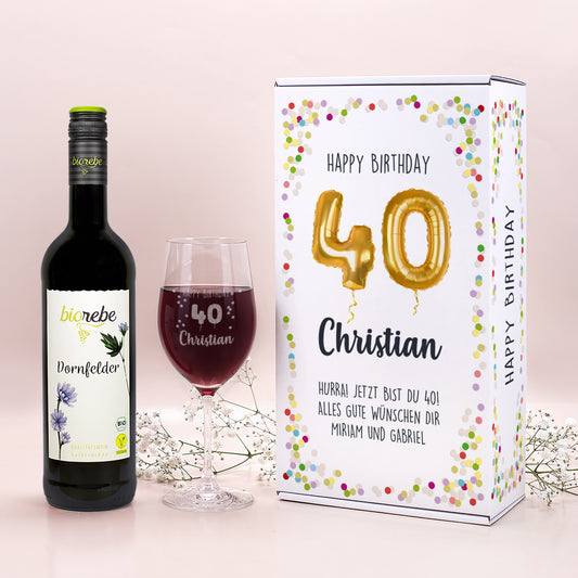 Happy Birthday 40 - Biorebe Wein und Weinglas in Geschenkbox | Geschenk zum Geburtstag