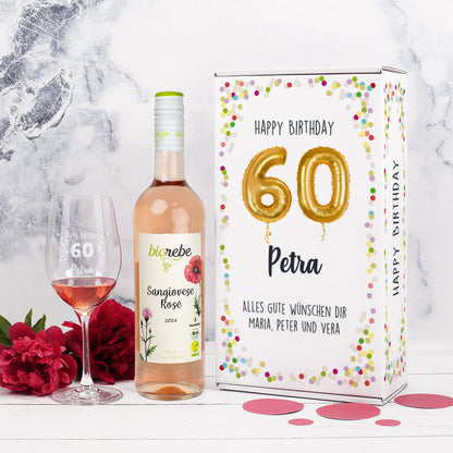 Happy Birthday 60 - Biorebe Geschenkset mit Weinglas in Geschenkbox | Nachhaltiger Wein