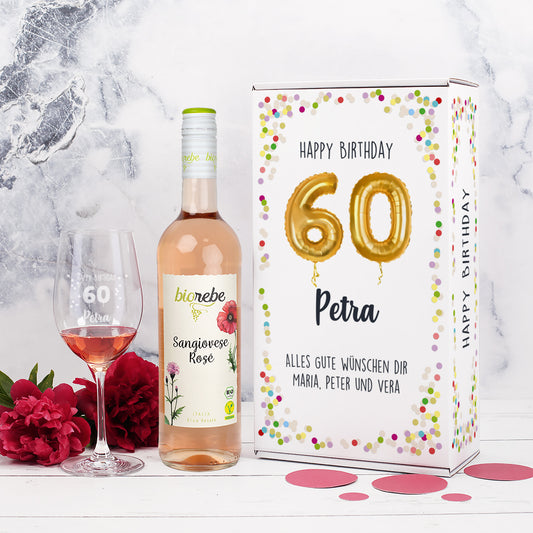 Happy Birthday 60 - Biorebe Geschenkset mit Weinglas in Geschenkbox zum Geburtstag