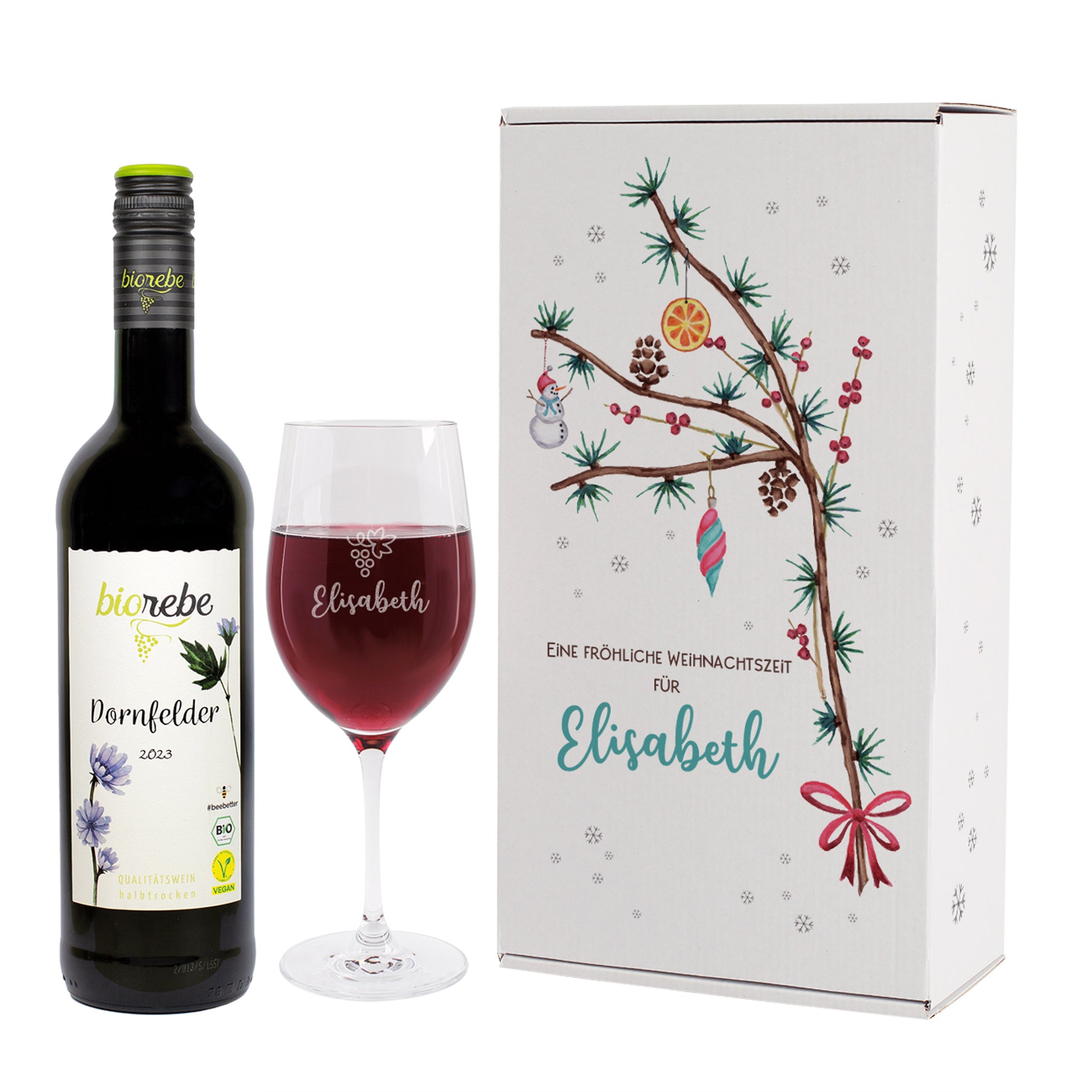 Geschenkset Weihnachten mit Biorebe Dornfelder, personalisiertem Weinglas und Pappbox im Tannenzweig-Design