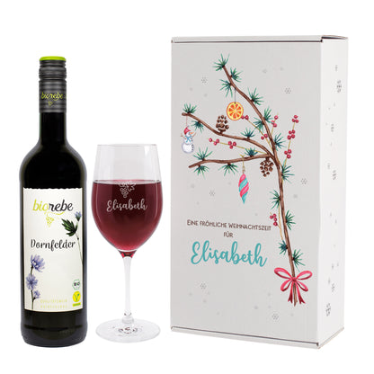 Wein-Geschenkset zu Weihnachten mit Biorebe Wein, Weinglas in festlicher Geschenkbox | 3 Sorten