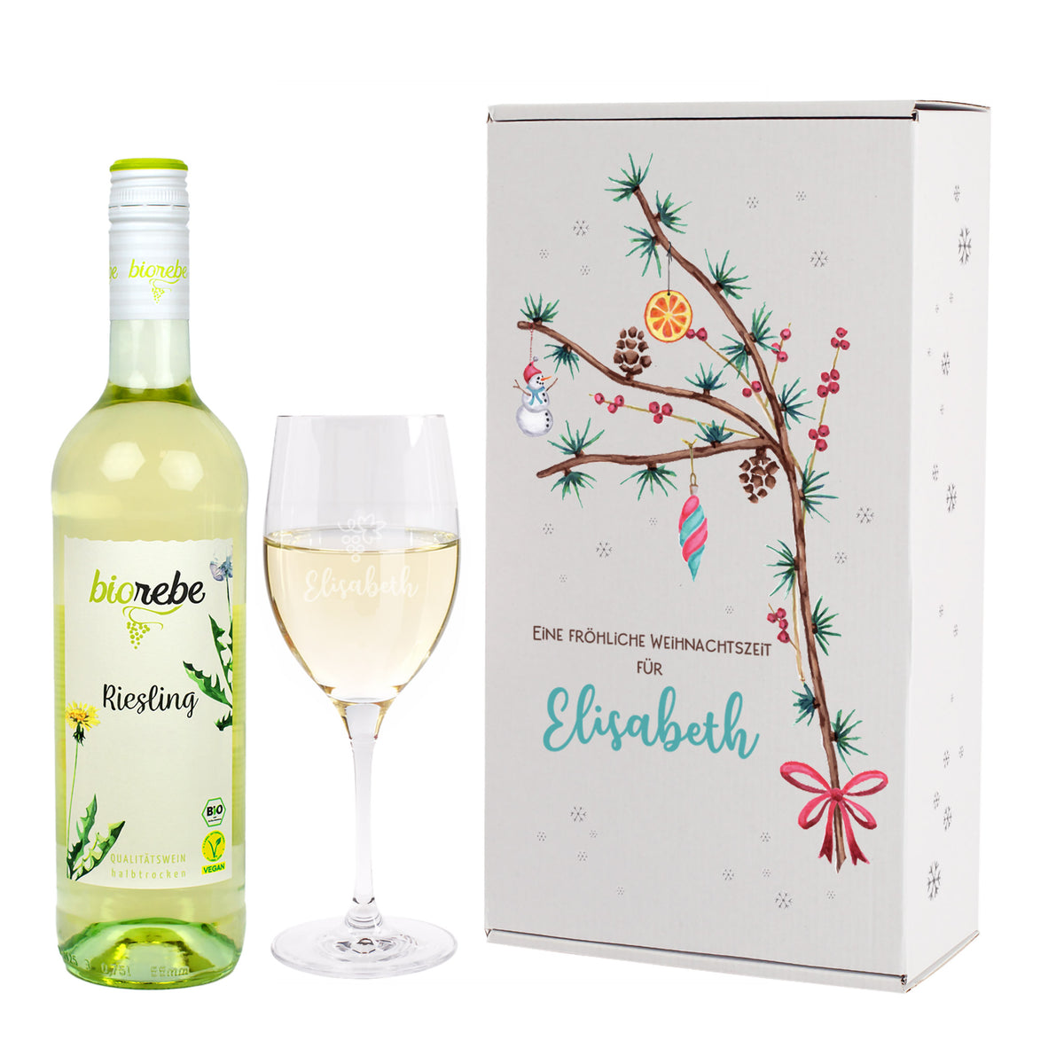 Wein-Geschenkset zu Weihnachten mit Biorebe Wein, Weinglas in festlicher Geschenkbox | 3 Sorten