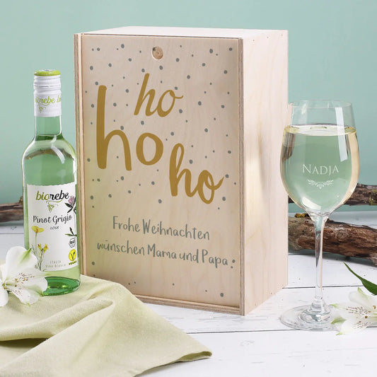 Geschenkset Hohoho mit Holzbox, Weinglas und Weinflasche