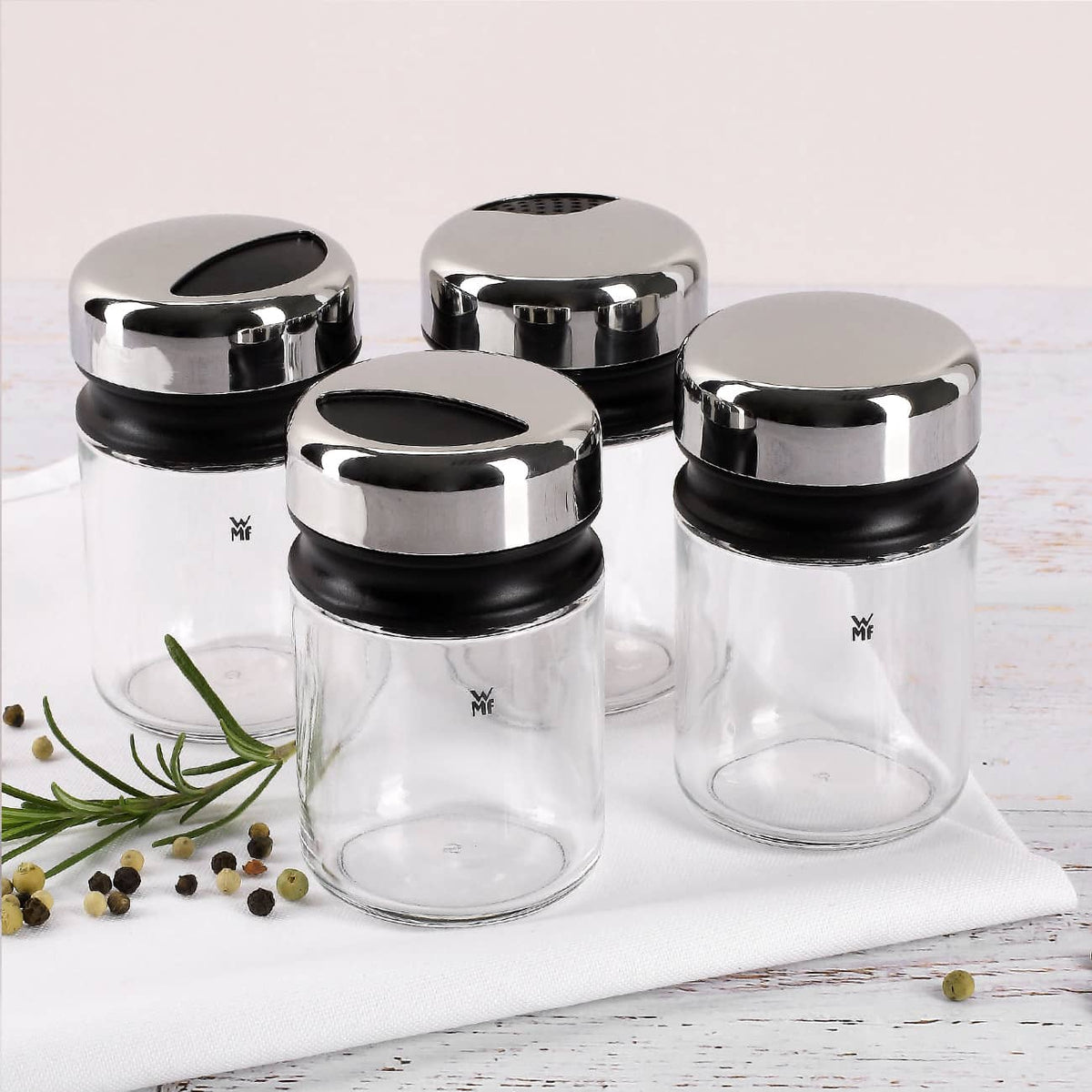WMF Gewürzstreuer mit 4 verschiedenen Aufsätzen als Geschenk in weihnachtlicher Pappbox –