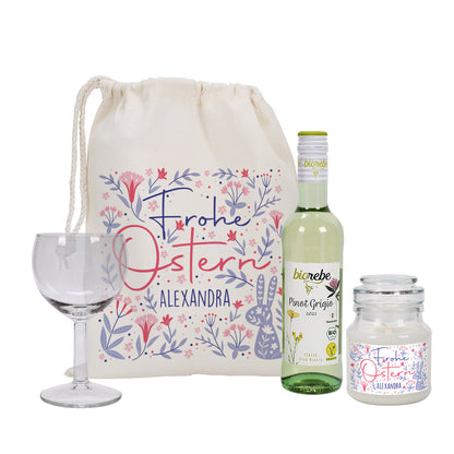 Geschenkset zu Ostern mit Duftkerze und Wein im Geschenksack