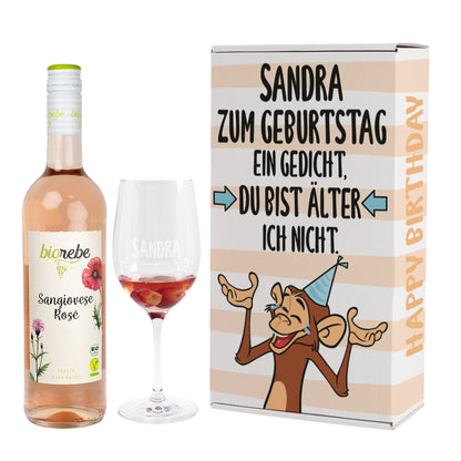 Lustiges Geschenkset zum Geburtstag mit Weinglas und Wein | Biorebe Genuss