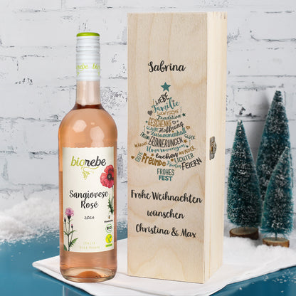 Flasche Biorebe Sangiovese Rosé 2024 mit personalisierter Holzbox „Frohe Weihnachten“ und Namensgravur Sabrina, Christina & Max