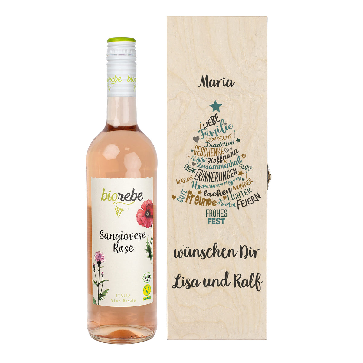 Biorebe Wein zu Weihnachten in bedruckter Holzbox | Weißwein, Rotwein, Rosé
