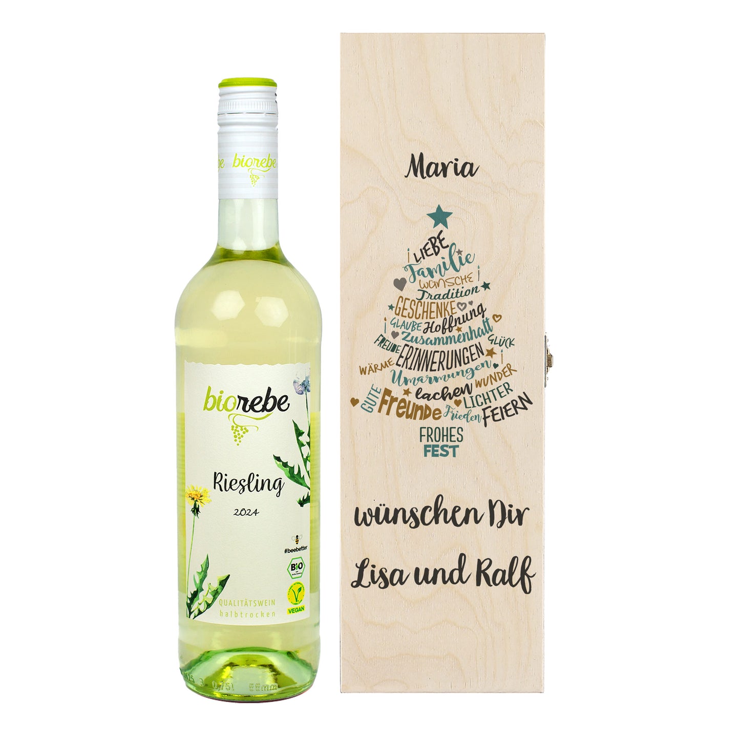 Flasche Biorebe Riesling 2024 mit Holzbox „Frohe Weihnachten“ und Namensgravur Maria, Lisa und Ralf