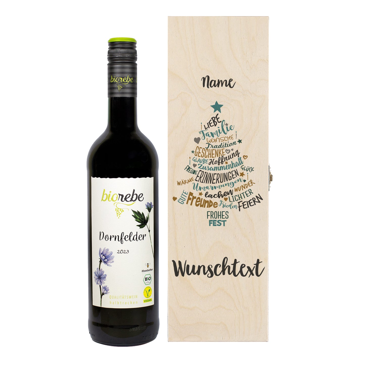 Biorebe Wein zu Weihnachten in bedruckter Holzbox | Bienenfreundlich, Nachhaltig, Vegan