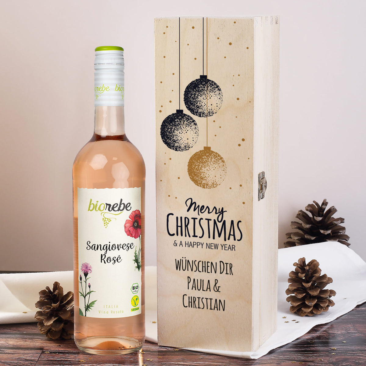 Biorebe Wein in bedruckter Holzbox zu Weihnachten | Personalisiertes Weihnachtsgeschenk