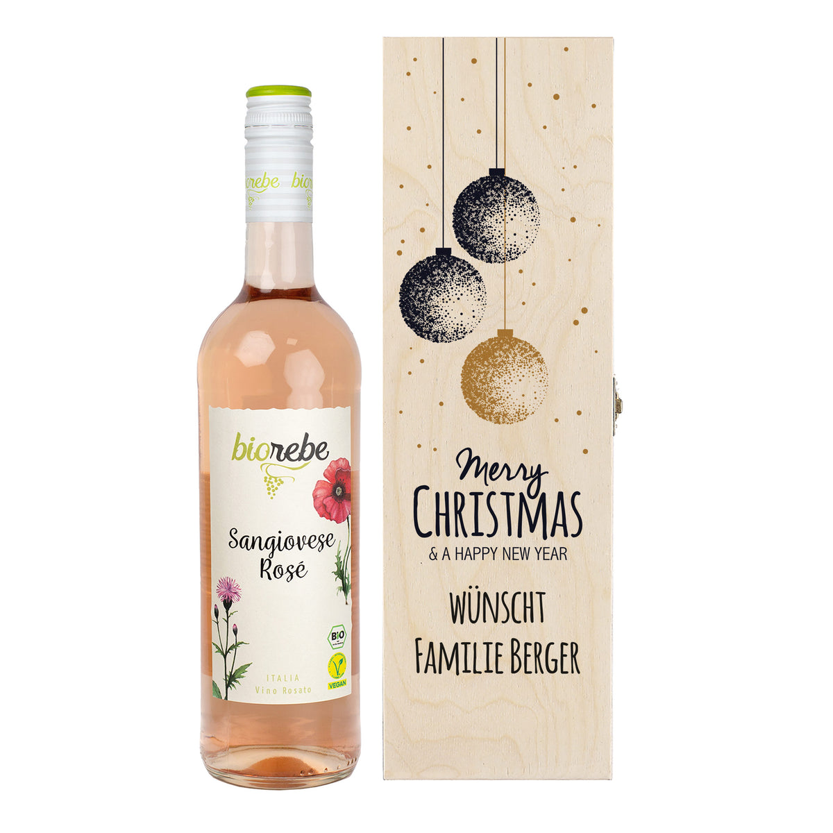 Biorebe Wein in bedruckter Holzbox zu Weihnachten | Personalisiertes Weihnachtsgeschenk