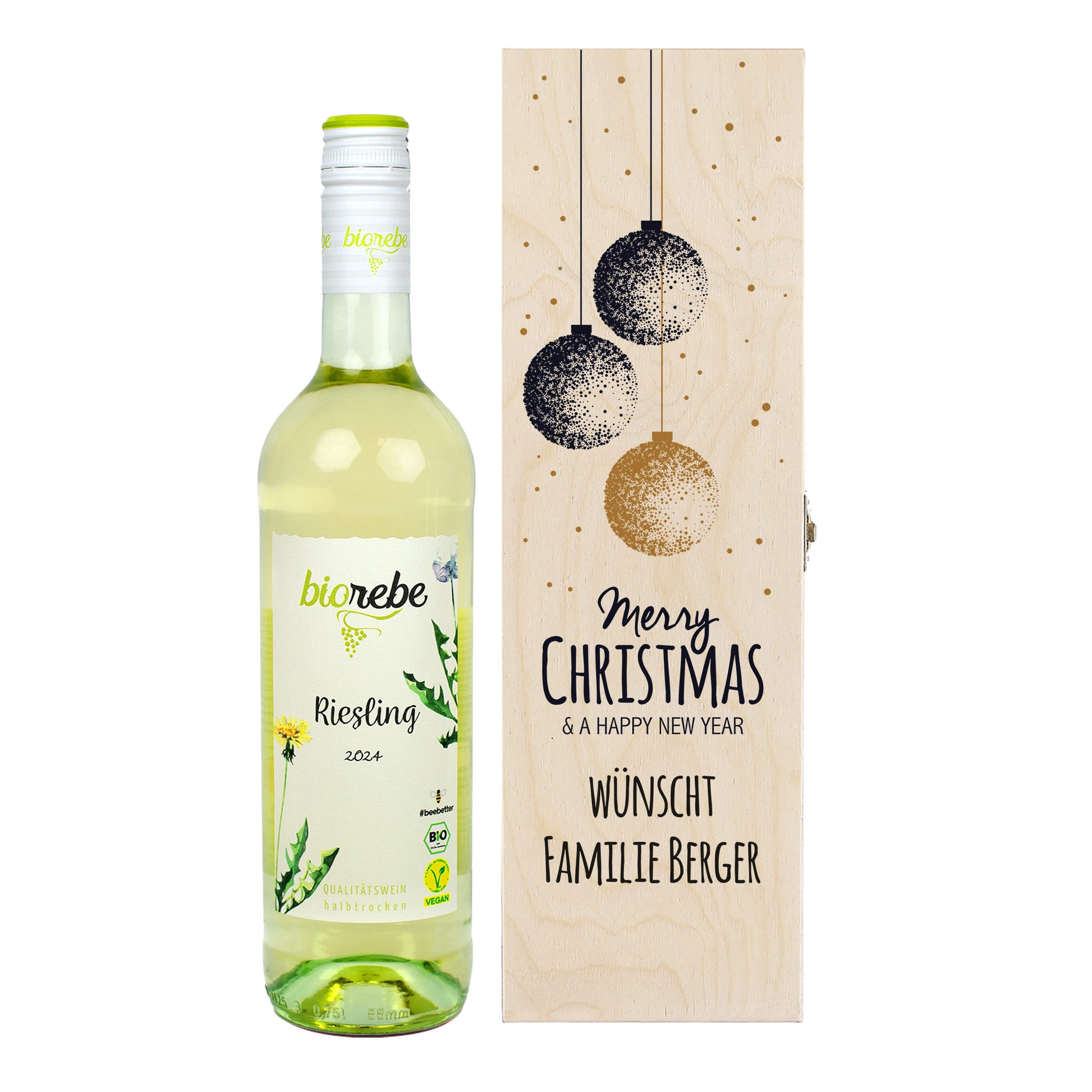 Geschenkset mit Biorebe Riesling Weißwein und gravierter Holzbox „Merry Christmas & a Happy New Year“, personalisiert mit „Familie Berger“.