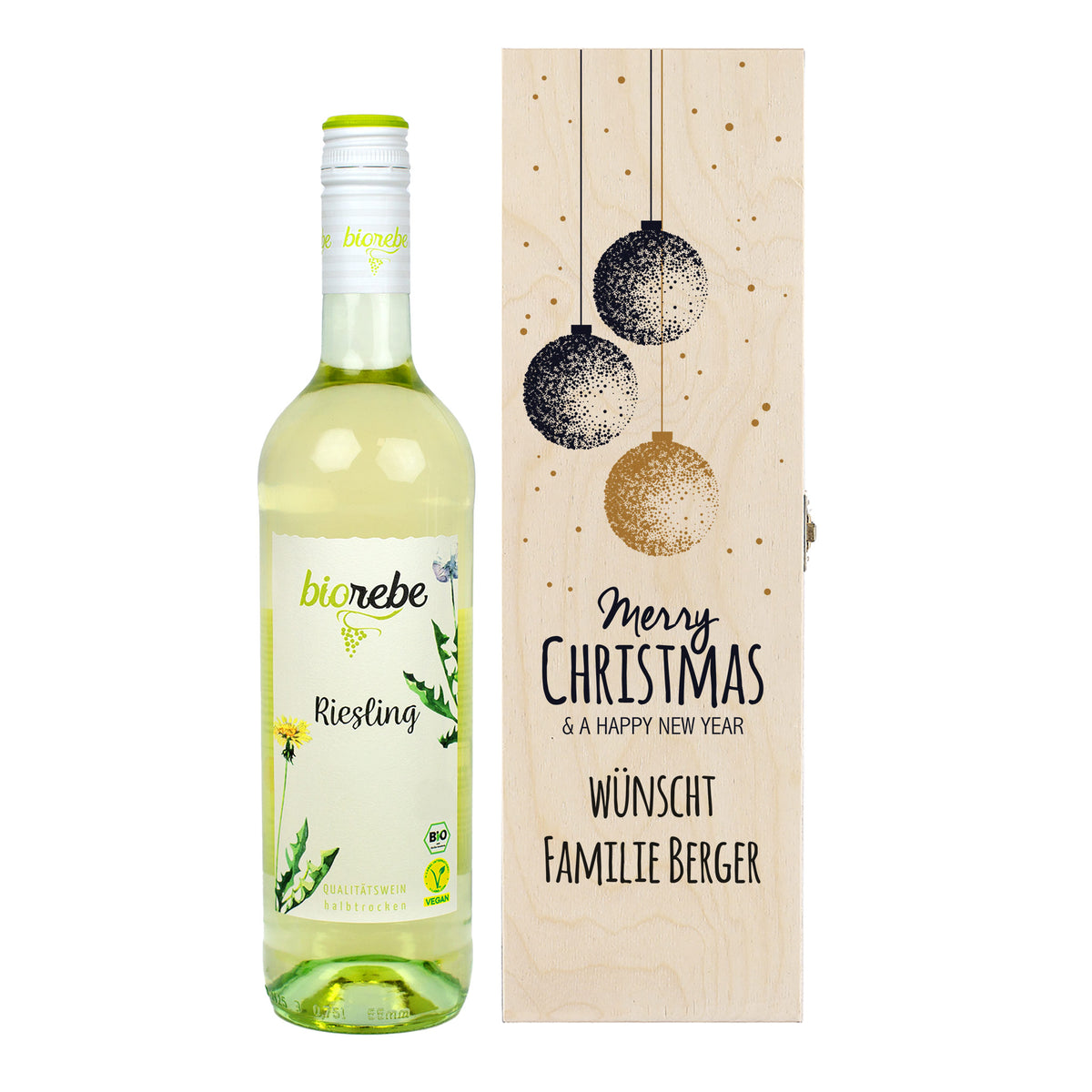 Biorebe Wein in bedruckter Holzbox zu Weihnachten | Personalisiertes Weihnachtsgeschenk