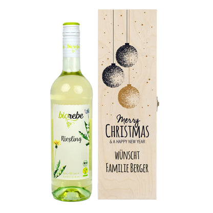 Biorebe Wein in bedruckter Holzbox zu Weihnachten | Personalisiertes Weihnachtsgeschenk