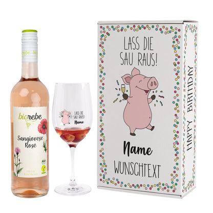 Lass die Sau raus! - Geschenkset zum Geburtstag mit Biorebe Wein und Weinglas