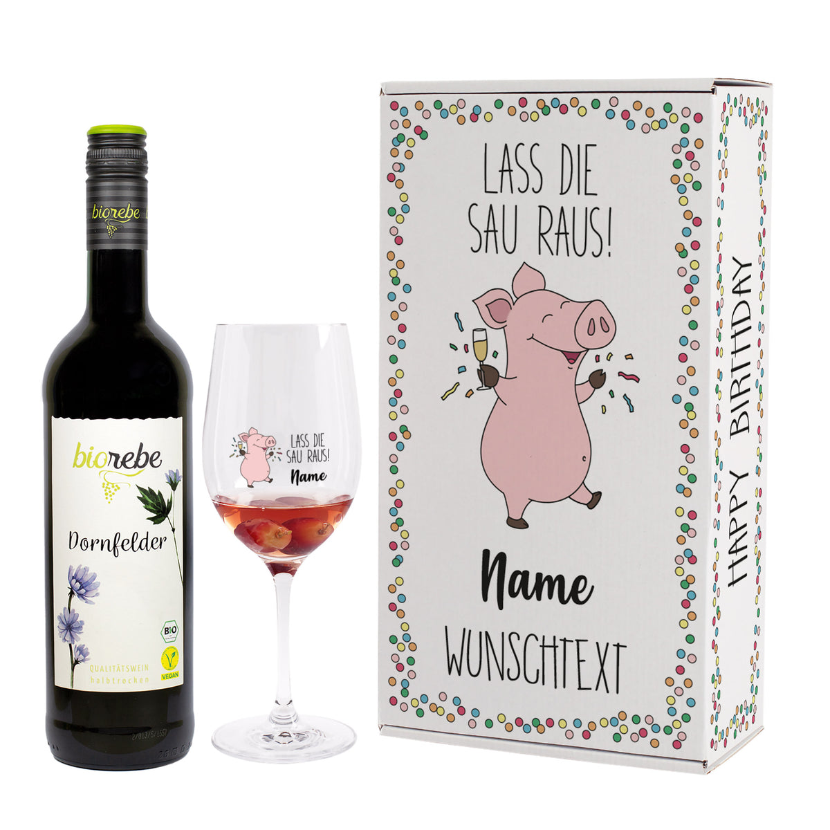 Lass die Sau raus! - Geschenkset zum Geburtstag mit Biorebe Wein und Weinglas
