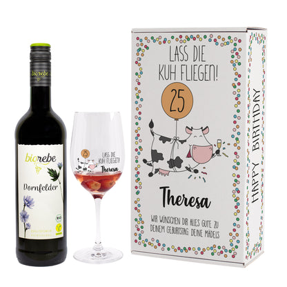 Lass die Kuh fliegen! Geschenkset zum Geburtstag mit Biorebe Wein, Glas und Box