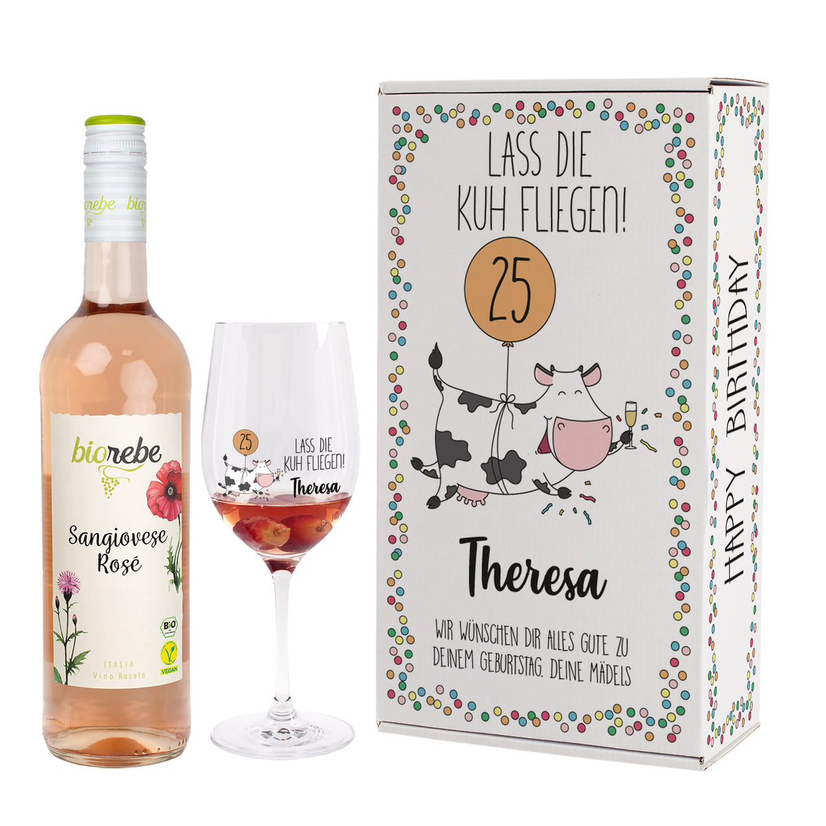 Lass die Kuh fliegen! Geschenkset zum Geburtstag mit Biorebe Wein, Glas und Box