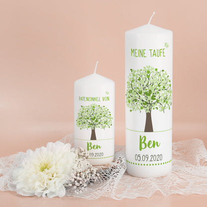 Taufkerze und passende Patenkerze mit grünem Lebensbaum, Name, Datum; Taufgeschenk für Paten Patenonkel Patentante und Patenkind