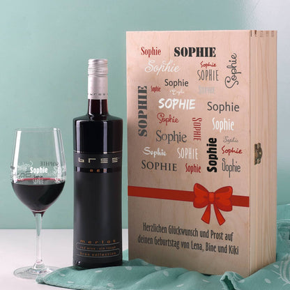 Bedrucktes Weinglas mit Bree Weinflasche in bedruckter Geschenkbox –