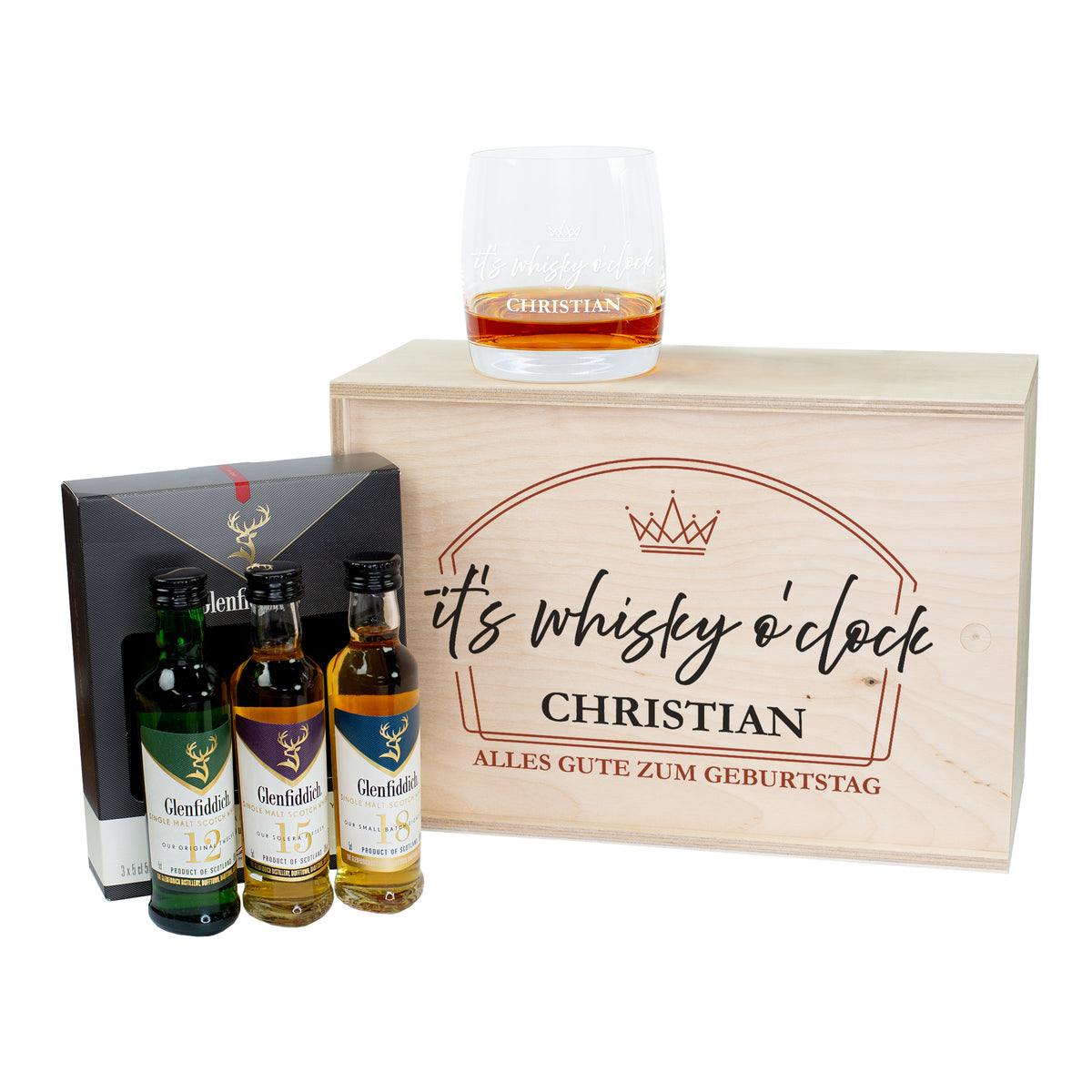 Whisky Geschenkset zum Geburtstag mit personalisierter Holzbox, Glenfiddich Miniaturen und Whiskyglas mit Name Christian