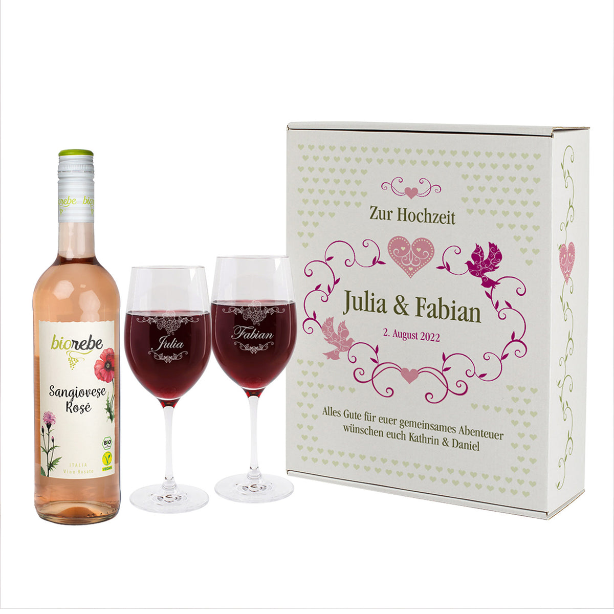 Geschenk Set zur Hochzeit - Weingläser und Biorebe Wein Flasche in persönlichem Geschenkkarton