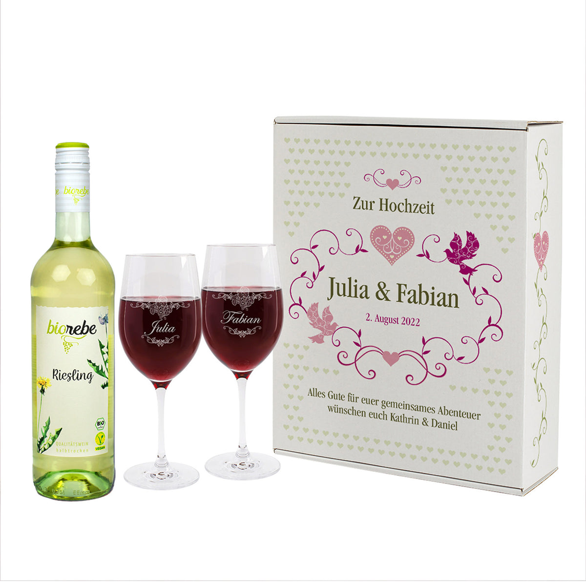 Geschenk Set zur Hochzeit - Weingläser und Biorebe Wein Flasche in persönlichem Geschenkkarton